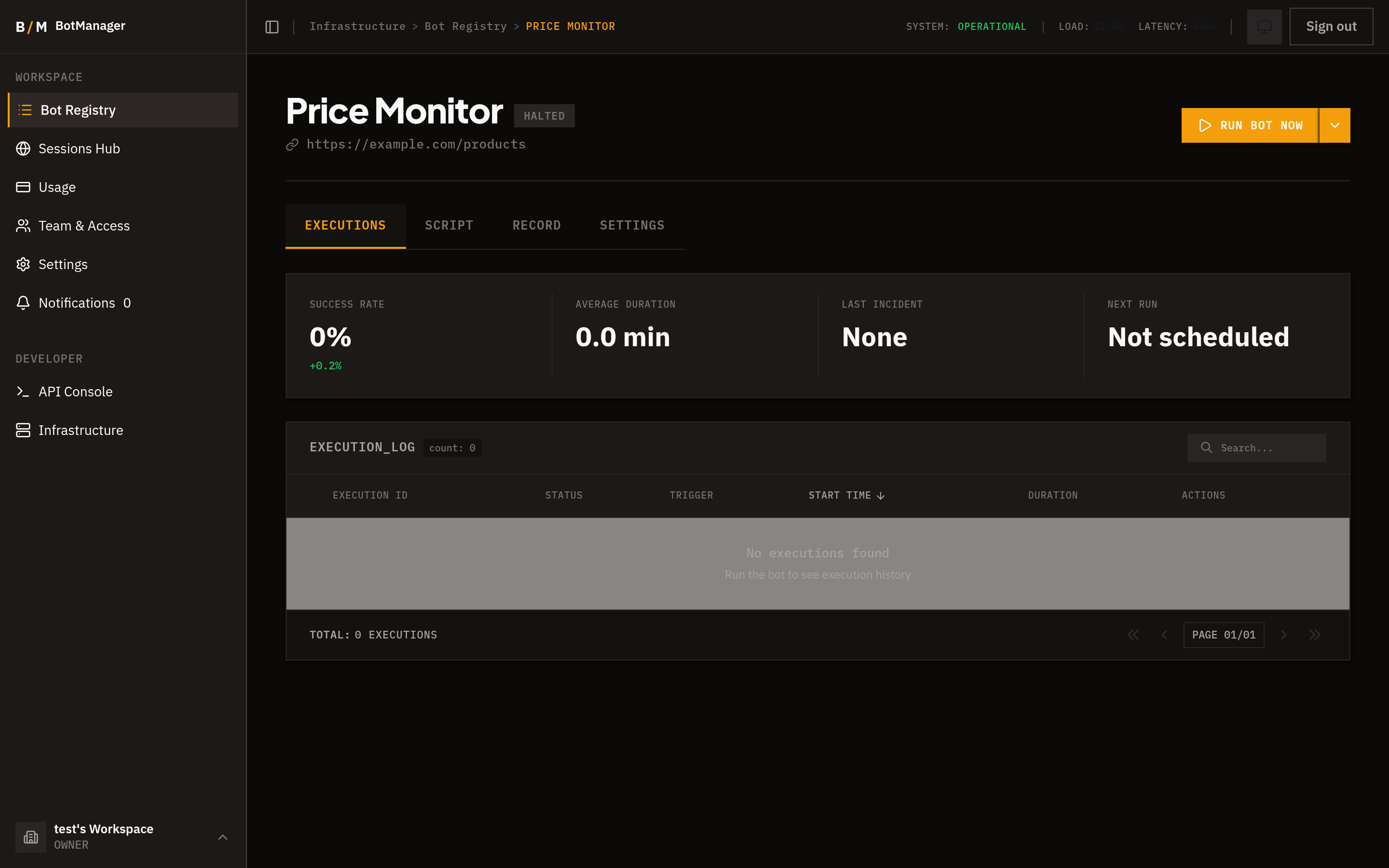 Execution history with stats and log table