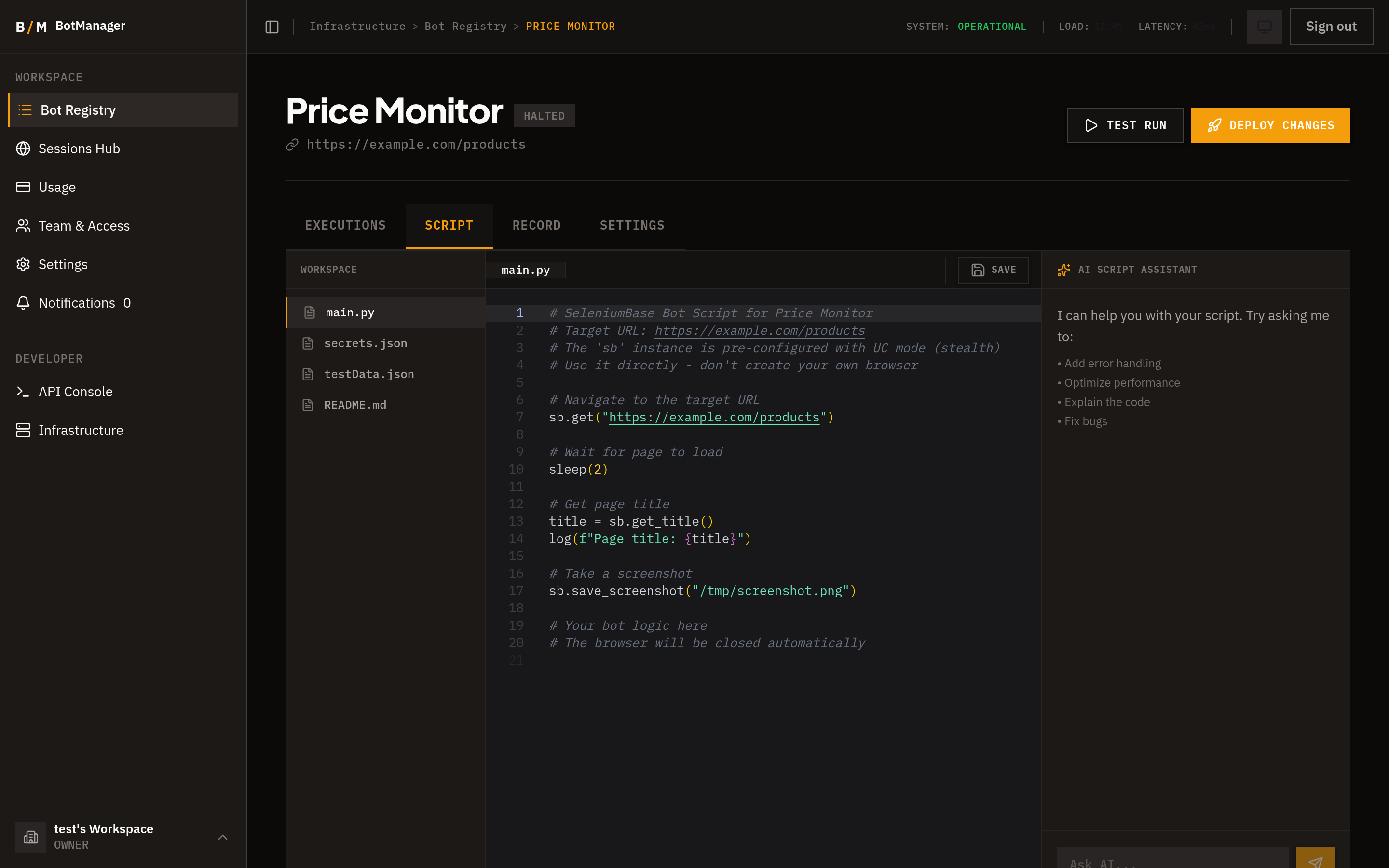 Script editor with Monaco editor, file explorer, and AI assistant panel